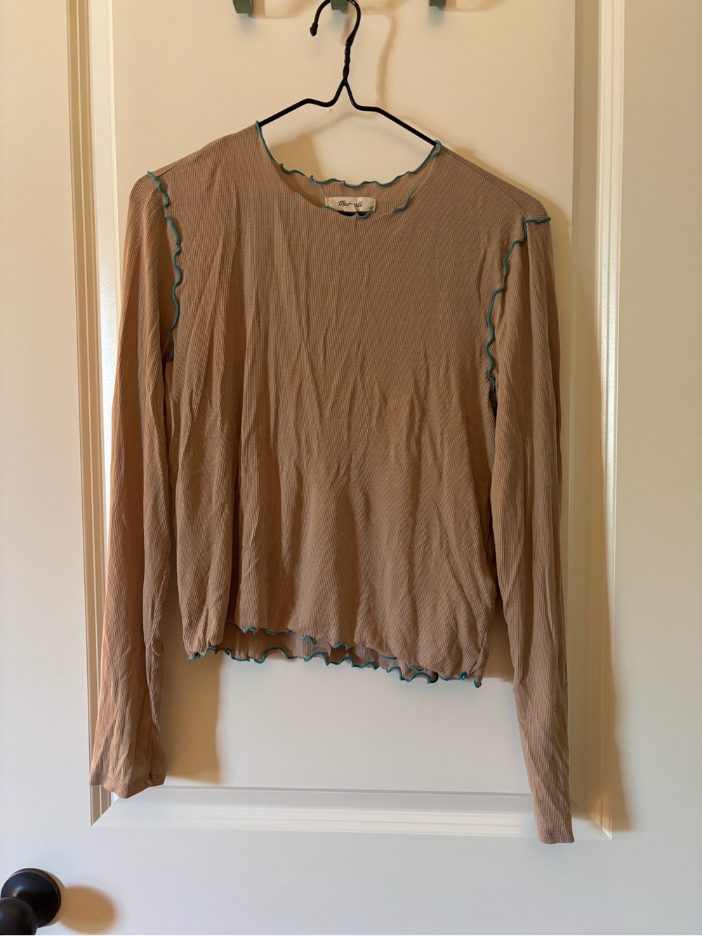 Madewell Beige Long-Sleeved Ruffle-Trim Top with Teal Edge